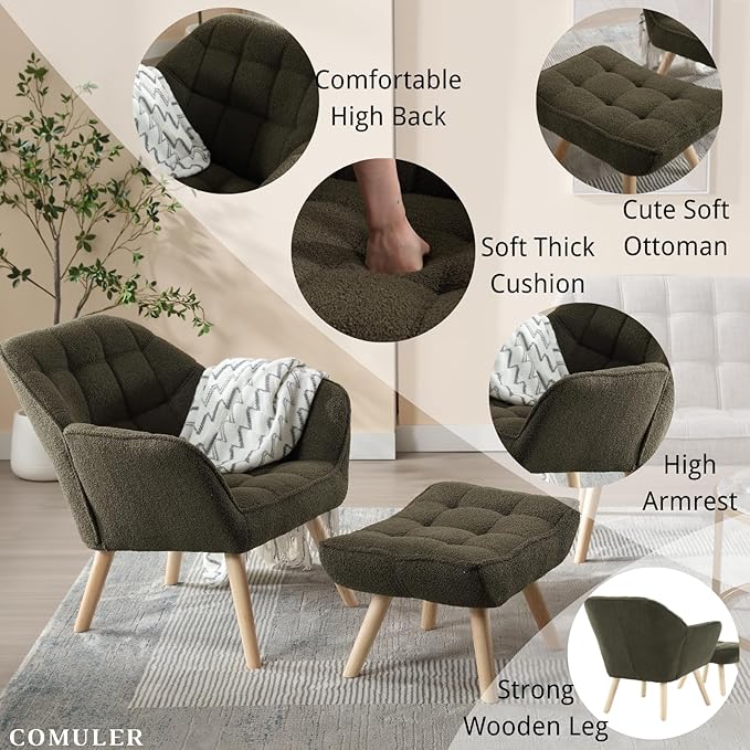 Green Sherpa Accent Chair with Ottoman ，Modern Reading Chair with Ottoman Set, Comfy Fuzzy Armchair Living Room Chair Lounge Chair with Wood Legs for Small Spaces Bedroom Apartment-Ruum Studio Home