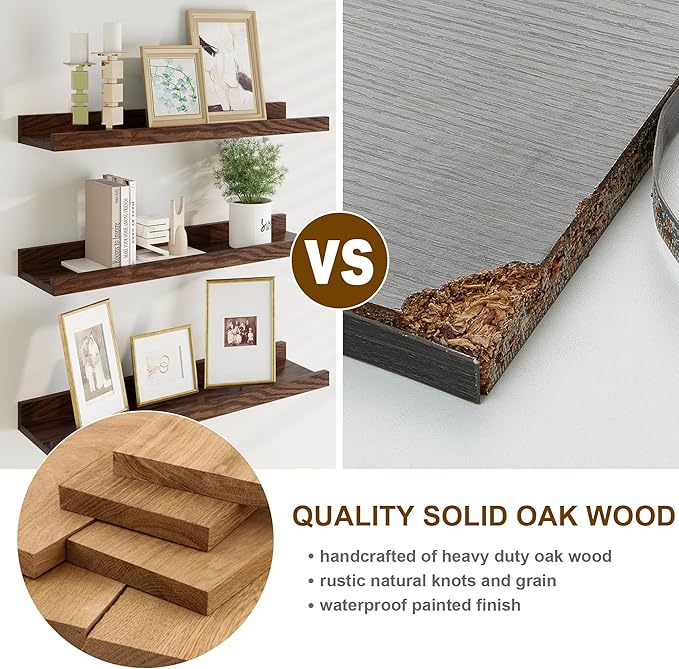 Floating Picture Ledge Shelves 48 Inch Solid Oak Wood Set of 2, Rustic Wall Storage Shelves with Lip, Kids Bookshelf, Photo & Picture Ledge Shelves for Bedroom, Living Room, Kitchen-Ruum Studio Home