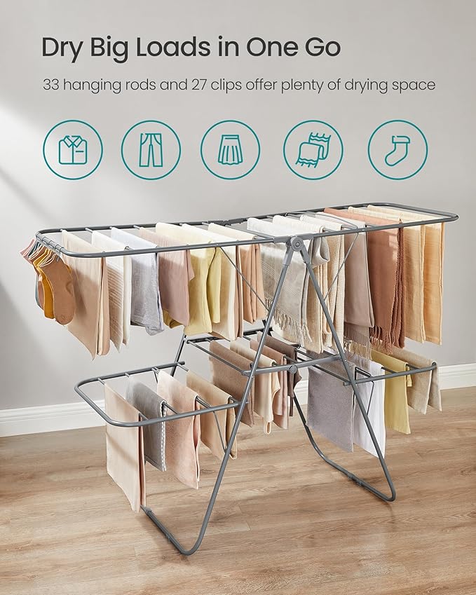 SONGMICS Clothes Drying Rack, Foldable 2-Level Laundry Drying Rack, Free-Standing Laundry Airer, with Height-Adjustable Wings, 33 Drying Rails, Sock Clips, Gray ULLR053G02V1-Ruum Studio Home