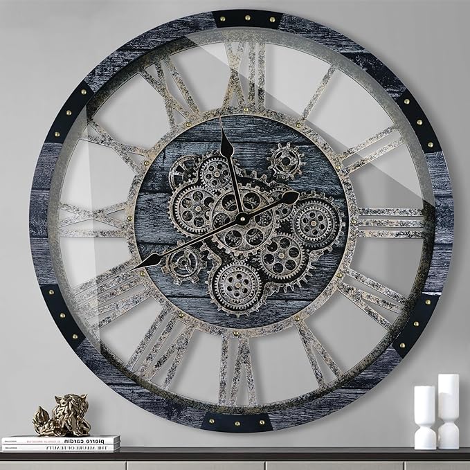 40 Inch Oversized Moving Gear Wall Clock, Large Wall Clock Living Room Decor, Solid Wood Frame, Battery Operated, Steampunk Industrial for Fireplace (Gray)-Ruum Studio Home