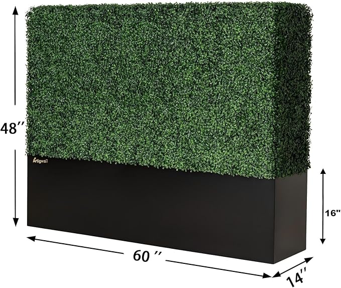 Artificial Boxwood Hedge Divider Wall with Black 201 Stainless Steel Planter Box (60" L X 48" H X 14" D)-Ruum Studio Home