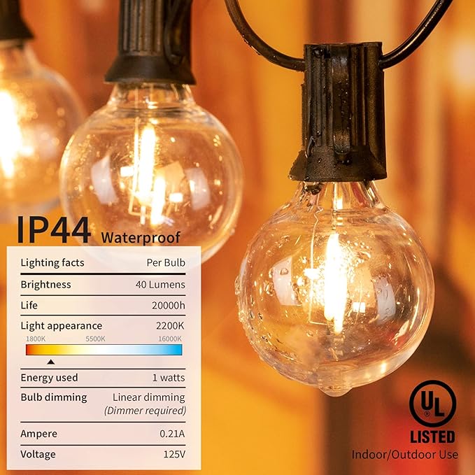 Brightown LED String Lights Outdoor 25Feet G40 Patio Lights with 25 Shatterproof Bulbs, Waterproof Globe Hanging Lights for Backyard Porch Bistro Balcony Decor, E12 Socket-Ruum Studio Home