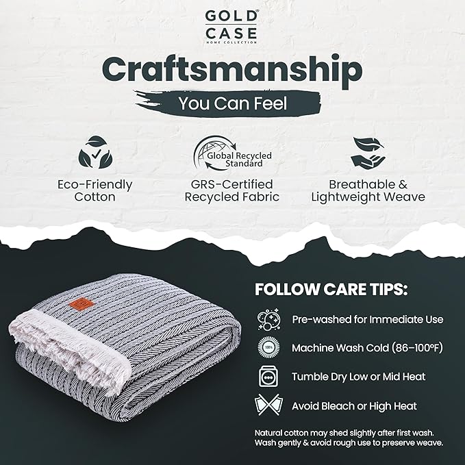 Gold Case Throw Blanket for Bed – 100% Recycled Turkish Cotton Bed Blanket – Decorative Throw Cotton Blankets for Living Room & Bedroom – Woven Twin Blankets - 71x90 - Black-Ruum Studio Home