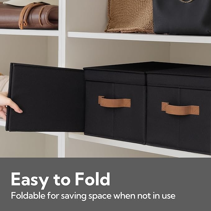 StorageWorks Large Storage Bins with Lids, Decorative Storage Boxes with Lid and PU Handles, Foldable Storage Baskets for Closet, Shelves, Stackable, Black, 3-Pack-Ruum Studio Home