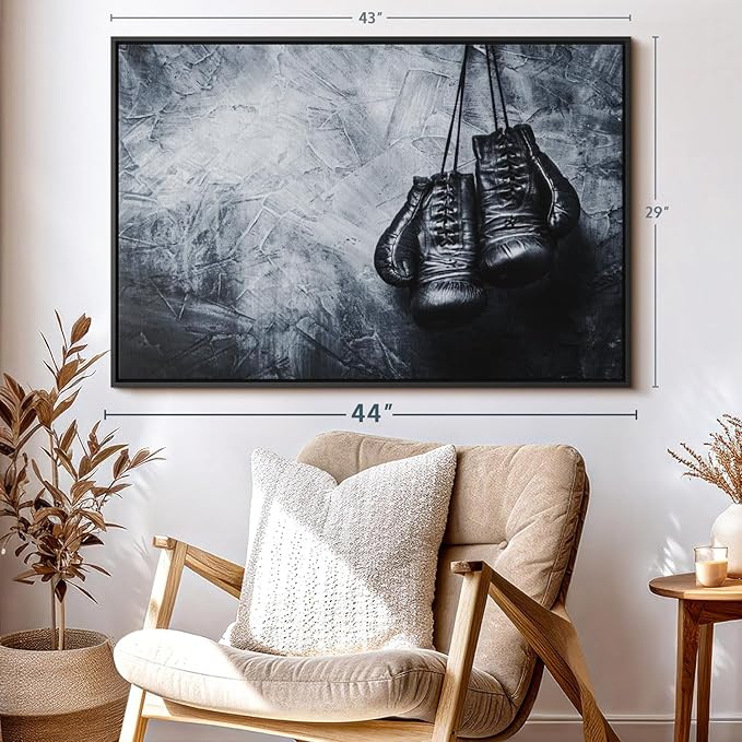 ElephantStock Boxing Gloves Wall Art - Horizontal Framed Canvas - 1-Piece Living Room Wall Decor - Photography Sports Canvas Print - Black and Gray Decor for Wall - 43" X 29"-Ruum Studio Home