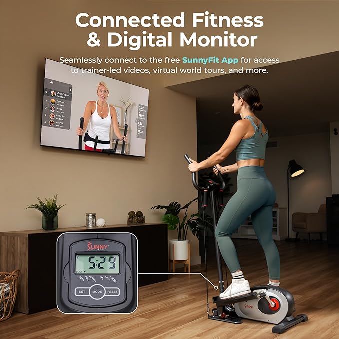 Sunny Health & Fitness 2-in-1 Sit/Stand Mini Elliptical Machine, Portable Under Desk Peddler Exerciser for Senior Home Workout, Optional Free Sunnyfit App Bluetooth Link, Handlebars or Resistance Band-Ruum Studio Home