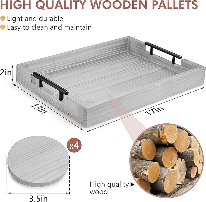 Ottoman Tray | Coffee Table Tray Decorative, Serving Tray with Handles - 17x13 Inch Wood Tray for Coffee Table Tray - with 4 Wooden Coasters -Tray for Ottoman, Breakfast-Ruum Studio Home