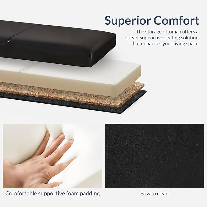 BELLEZE 47 Inch Storage Ottoman, Faux Leather Storage Bench Bedroom Bench with Safety Close Hinge, Ottoman with Storage for Living Room, Entryway, Hallway, Foot Rest, Support 300lbs - Black-Ruum Studio Home