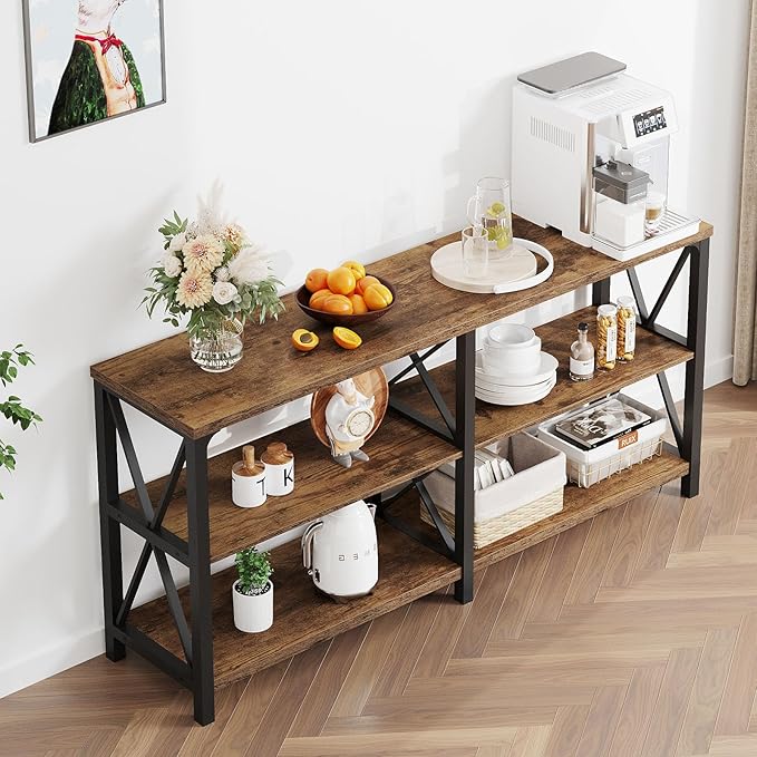 LVB Rustic Console Table, Industrial Wood Metal Sofa Table Behind Couch, Farmhouse Long Entryway Table with Storage Shelf, Large Wooden Foyer Hallway Table for Entry Living Room, Rustic Brown, 63 Inch-Ruum Studio Home