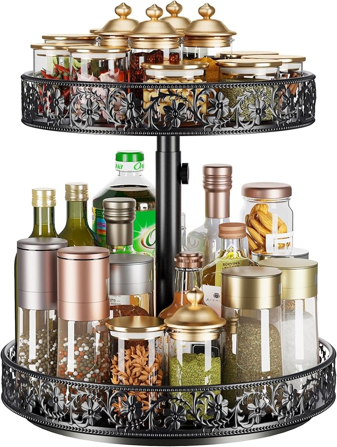 Two Tier Lazy Susan Organizer Turntable Height Adjustable, 2 Tier Lazy Susan 12 Inch Metal Easy Assembly, Spice Rack Organizer Rotating for Cabinet Dining Table Top Kitchen Countertop Black-Ruum Studio Home