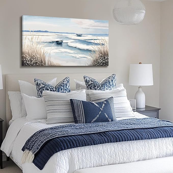 amatop Large Canvas Art Wall Decor for Bedroom Living Room –Rustic Coastal Ocean Artwork for Walls with Sailboat and Waves – Blue and White Nautical Beach Seascape Canvas Print 48x24 Inch-Ruum Studio Home