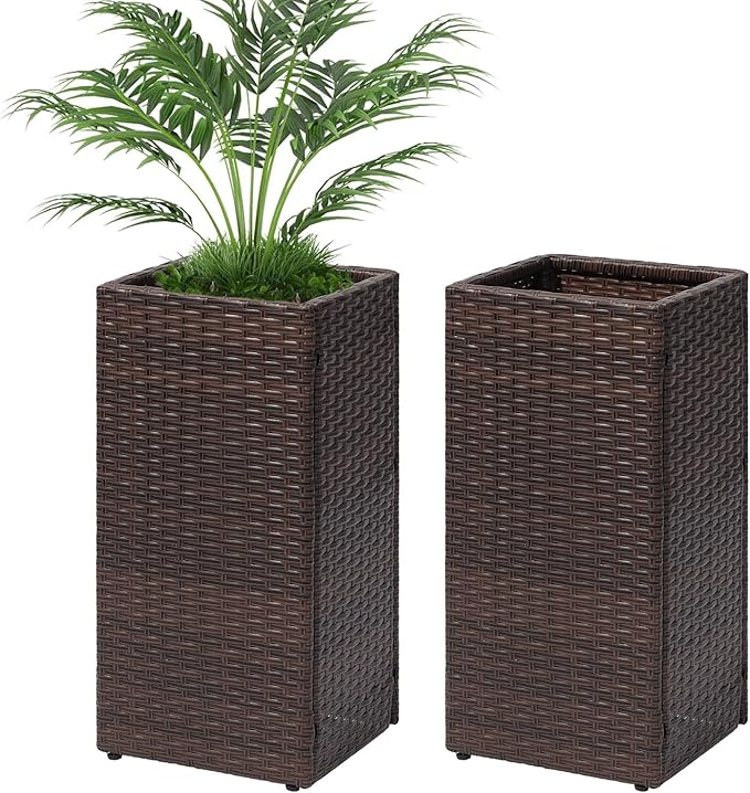 LEWIS&WAYNE Set of 2 Tall Planters for Outdoor Plants Handmade 24'' Wicker Tall Square Planter Box with Removable Liners Modern Planter for Indoor Outdoor Garden Patio Front Porch - Brown-Ruum Studio Home