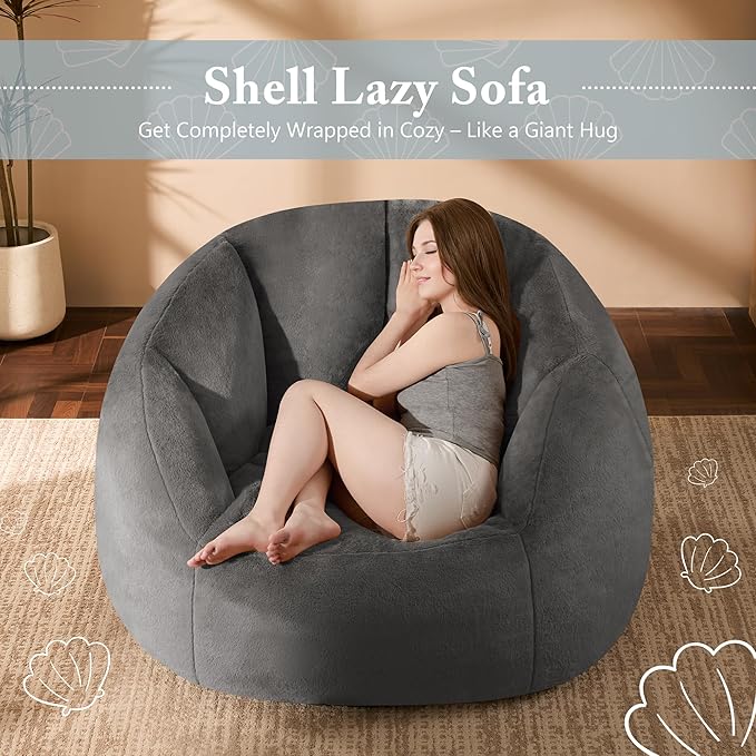 Giant Bean Bag Chair for Adults - Comfy Plush Round Shell Soft Accent Chair, Oversized Cozy Lounge Floor Sofa Reading Chair, Mini Couch for Living Room, Bedroom & Game Rooms, Gray-Ruum Studio Home