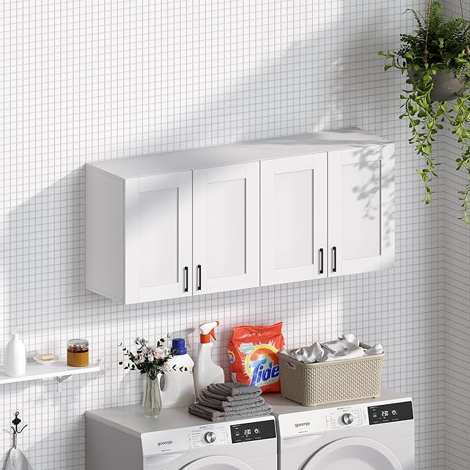 White Laundry Room Cabinets and Storage with 3 Doors and Utility Adjustable Shelf，Gabinetes Para Cocina Cupboard Kitchen Organizers and Storage Pantry Wall Mounted 12.4"D x 35.4"W x 19.7"H-Ruum Studio Home
