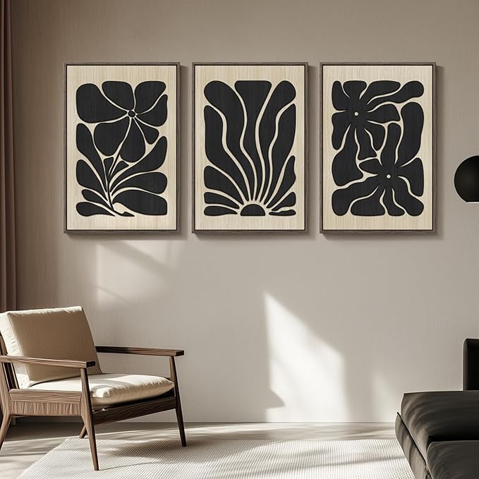 Framed Textured Wood 3D Wall Art for Living Room, Large Boho Floral Black and Beige Artwork for Walls, 3 Piece Abstract Bohemian Flower Wood 3D Art for Office Bedroom Hallway Wall decor, 24x36 Inch-Ruum Studio Home