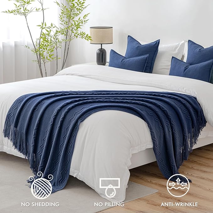 MIULEE Navy Blue Knitted Throw Blanket for Couch Textured Knit Blanket with Tassels Cozy Woven Boho Bed Blanket for Sofa Bed Chair Acrylic Wave Pattern 50"x60"-Ruum Studio Home