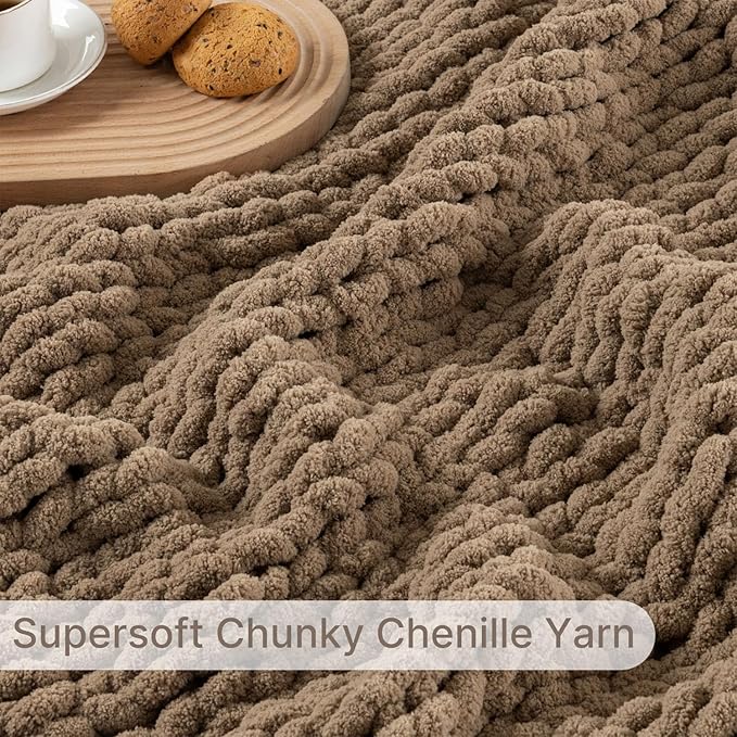 Chunky Knit Blanket Throw, 100% Hand Knit Throw Blanket Handmade Chenille Cable Knit Throw for Couch, Stylish Cozy Soft Rope Knot Crochet Blanket for Home Decor, Camel, 50x60 Inches-Ruum Studio Home