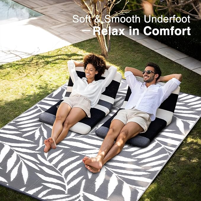 OLANLY Waterproof Outdoor Rug 9x12 ft, Reversible Outdoor Plastic Straw Rug with Leaf Pattern, RV Mat, Indoor Outdoor Carpet for Patio, Camping, Balcony, Deck, Backyard, Grey & White-Ruum Studio Home