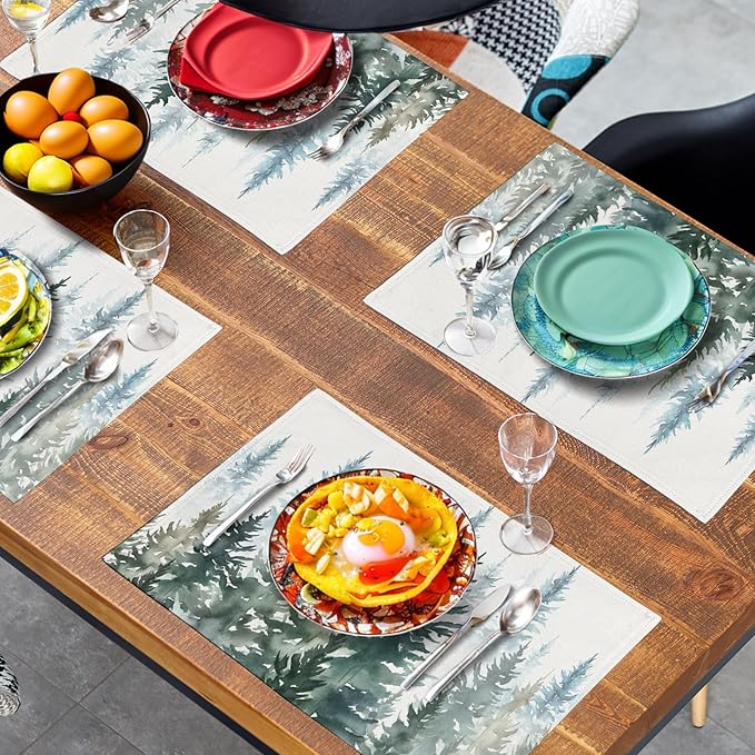 Watercolor Dark Green Tree Table Mats Set of 4 Rustic Nature Forest Pine Tree Placemats Seasonal Winter Holiday Place Mat Farmhouse Washable Linen Placemat for Dining Table Kitchen Christmas Decor-Ruum Studio Home