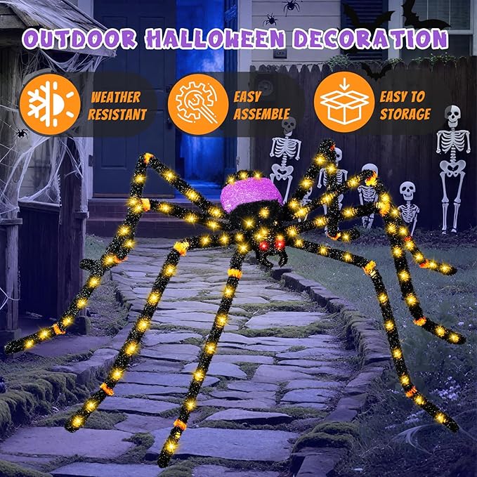 5.5FT Giant Spider Halloween Decorations with 100 LED, Plug-in Pre-Lit Light Up Scary Spider Halloween Decorations, Large Spider Decorations for Outdoor, Yard, Lawn, Exterior Walls