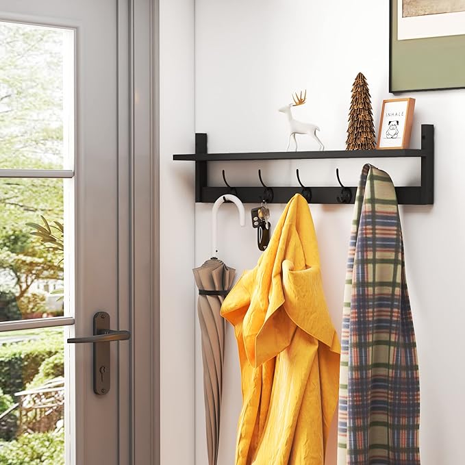 AMBIRD Wall Hooks with Shelf Entryway Hanging Wood Coat Hooks with Shelf Wall-Mounted Coat Hook Rack with 5 Dual Hooks for Bathroom, Living Room, Bedroom (Stylish)-Ruum Studio Home