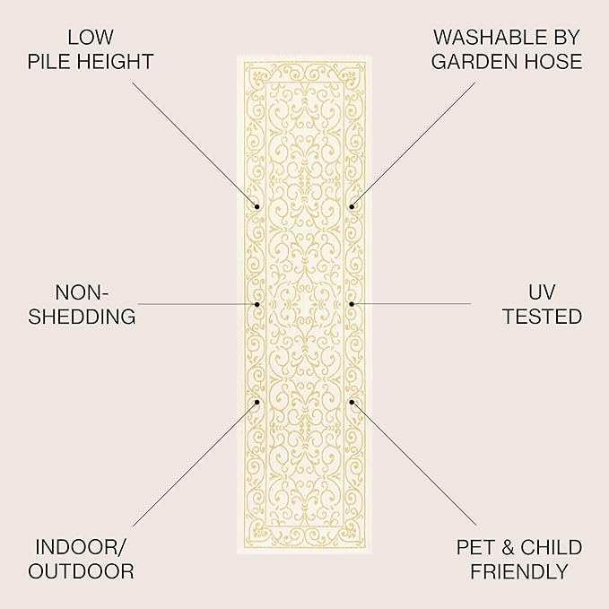 JONATHAN Y Vintage Filigree Indoor Outdoor Runner Rug 2X10 Cream/Yellow, Charleston Textured Weave for Backyard, Patio, Porch, Easy-Cleaning, High Traffic, Pet-Friendly, Non-Shedding (SMB106M-210)-Ruum Studio Home