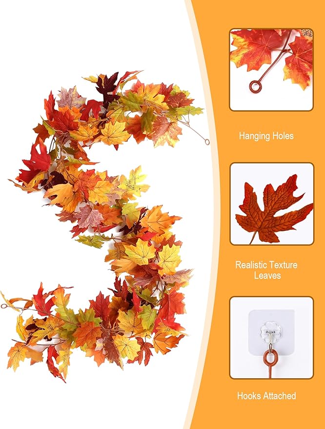 Joyhalo 2 Pack Fall Leaves Garland for Mantle, Autumn Leaf Garland Indoor Outdoor Fall Decor, Hanging Maple Leaves for Mantle, Door Frame, Fireplace and Thanksgiving Decor-Ruum Studio Home