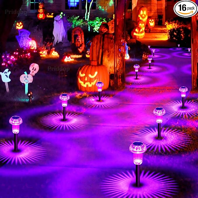 Halloween Solar Lights Outdoor 16 Pack Purple LED Waterproof Mushroom Outside Lights for Yard Garden Patio Pathway Walkway Landscape Halloween Decorations-Ruum Studio Home