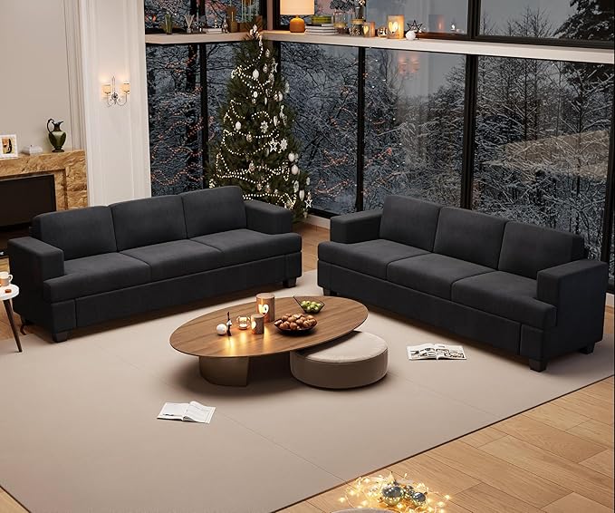 2 Piece Set Comfy Sofa Couch, 2 3-Seater Sofa with Deep Seats, Modern Sleeper Couch for Living Room, Black Corduroy-Ruum Studio Home
