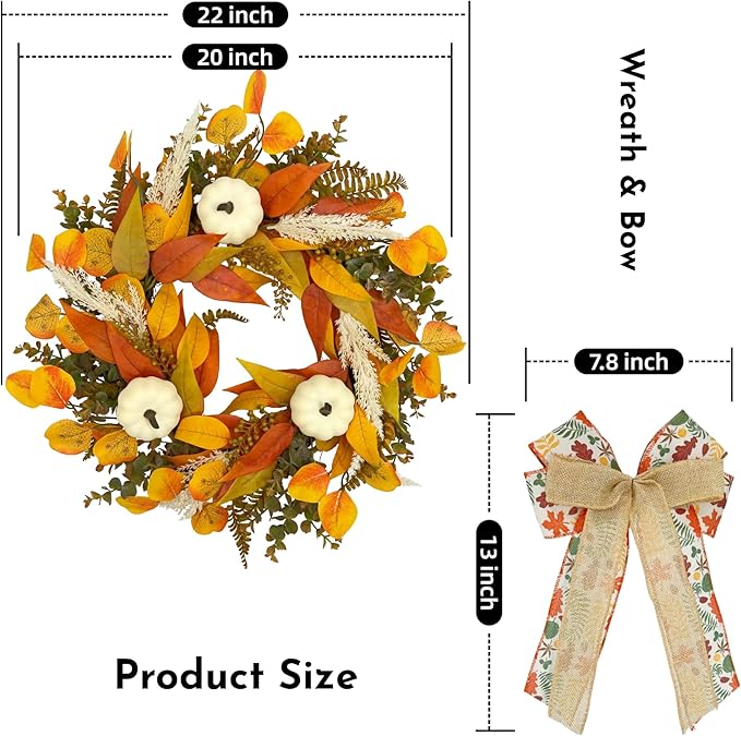 CYANBLOOM Fall Wreaths for Front Door: Rustic 20-22 Inch Bow Wreath with Golden Eucalyptus, White Pumpkins & Wheat - Lovely Warm Vibes Outdoor Indoor Farmhouse Decor for Halloween Thanksgiving Autumn-Ruum Studio Home
