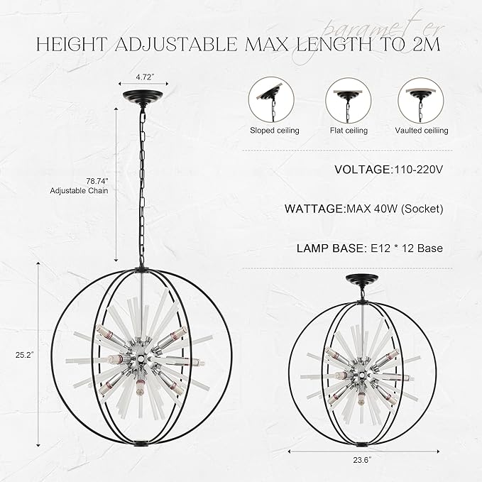 23.6" Black Chrome 12-Light Globe Sputnik Chandelier Modern Adjustable Hanging Ceiling Glass Tube Pendant Light Fixture for Entryway Foyer Staircase Dining Living Room Hallway-Ruum Studio Home