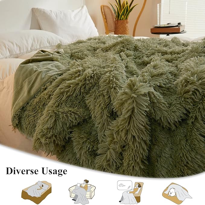 XeGe Luxury Faux Fur Blanket, Sage Green Soft Big Fluffy Throw, Shaggy Plush Decorative Couch Throw, Cute Furry Fuzzy Blanket for Bed Bedroom Living Room Sage Green, 60x90-Ruum Studio Home