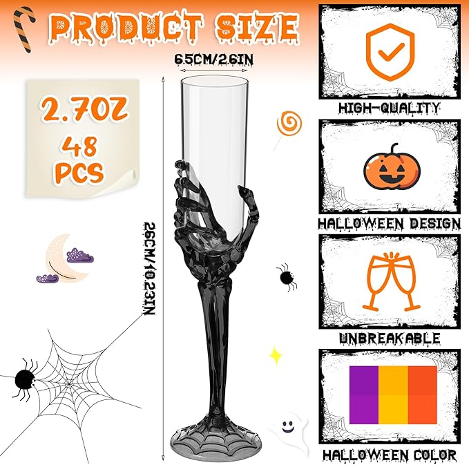 Bokon 48 Pcs Halloween Champagne Flutes Bulk Plastic Stemware Halloween Skeleton Hand Plastic Goblets Creepy Champagne Flute for Party Decoration(Black)-Ruum Studio Home