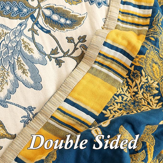 Snycler Boho Throw Blanket for Bed - 100% Cotton Ultra Soft Rustic Quilt - White Blue Floral Printed Farmhouse Decor Bed Blankets, 60"×80" All Season Rustic Throw for Sofa Couch Chair-Ruum Studio Home