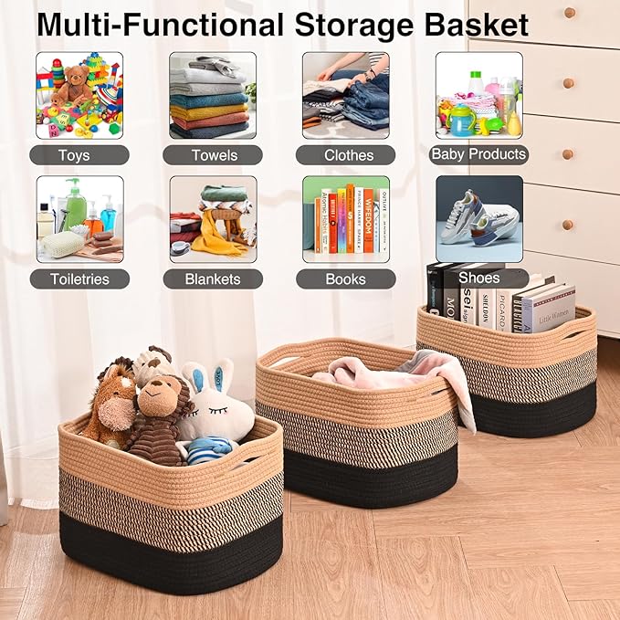 Storage Baskets for Organizing Shelves, Decorative Baskets for Storage, Woven Cotton Rope Basket for Living Room Bedroom Nursery, 15"x11"x9.5", 3 Packs, Gradient Black & Jute-Ruum Studio Home