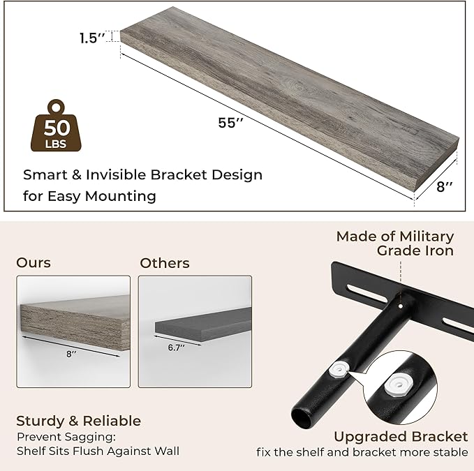 RICHFOCUS 55Inch Floating Shelves for Wall 1 Pack Shelves for Bedroom|Kitchen|Bathroom Wall Mounted Rustic Wood Floating Shelf with Invisible Brackets for Books|Storage|Decor, Grey-Ruum Studio Home