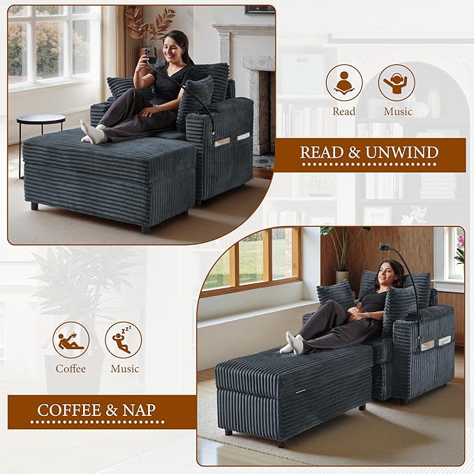 Accent Chair with Storage Ottoman Upholstered Living Room Chairs for Reading Chair with Chaise Lounge Chairs Indoor, Comfortable Armchair for Bedroom-Ruum Studio Home