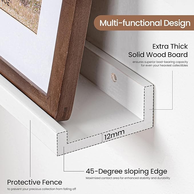Picture Ledge Shelf, Solid Pine Wood Floating Shelves Set of 2, 48 Inches Nursery Book Shelves for Toys Storage, Kids Bookshelf Wall Mounted for Living Room Bedroom Decor Books Photo Frames, White-Ruum Studio Home