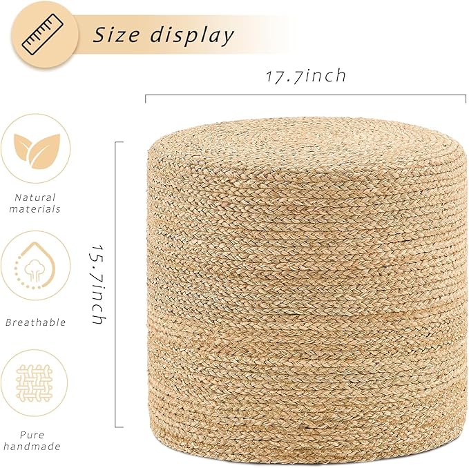Handwoven Ottoman Pouf, Natural Seagrass Footstool, Round Braided Outdoor Seat with Sturdy Frame, Boho Accent Stool for Patio, Balcony, or Garden (Seagrass)-Ruum Studio Home