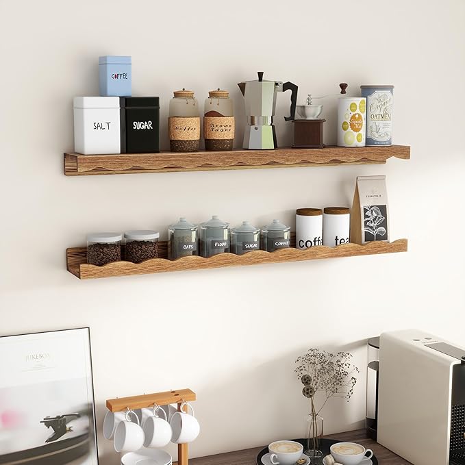 Fun Memories Picture Ledge Shelf for Wall, 36 inch Pine Wood Nursery Book Shelves Set of 2- Wall Book Shelves for Kids Room, Home Decor - Kitchen Spice-Carbonized-Ruum Studio Home