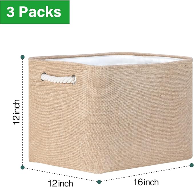 Bidtakay Fabric Storage Baskets for Shelves 3 Pack Large Storage Bins for Organizing Linen Collapsible Organizer for Closet-Flaxen-Ruum Studio Home