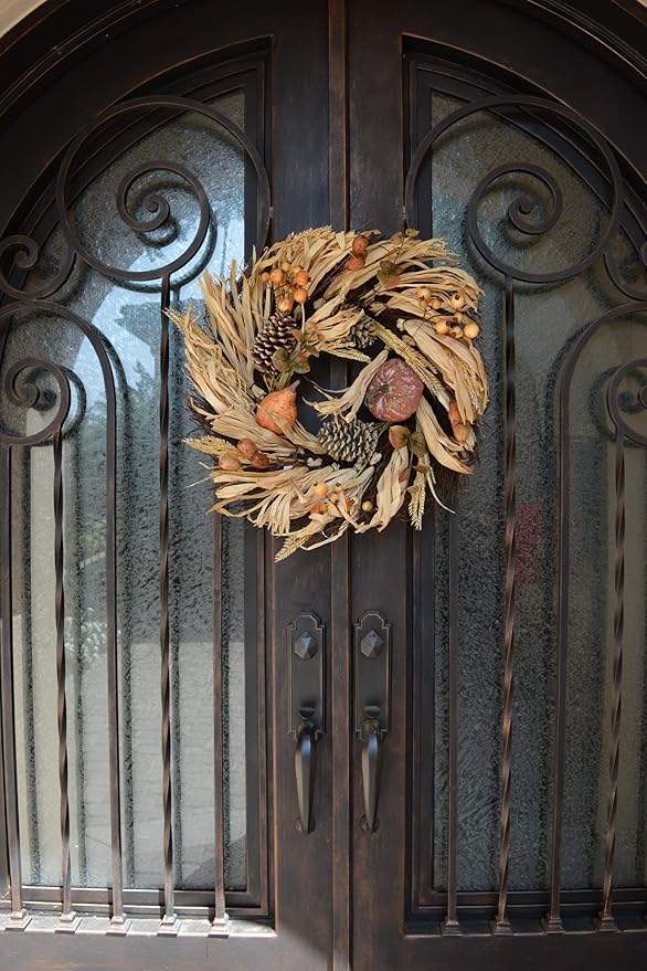 Admired By Nature Pumpkin Wheat Berry Corn Husk Wreath - 24" Artificial Hanging Wreath for Home Decor, Offices, Weddings, Events, Parties, Thanksgiving-Ruum Studio Home