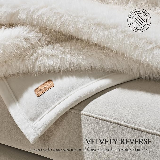Luxury Faux Fur Throw Blanket, Soft Fluffy Faux Mink Blankets for Bed, Couch, Sofa, Thick Cozy Plush Warm Fur Throws with Reversible Velvet, Ivory Mink, 60"x80"-Ruum Studio Home