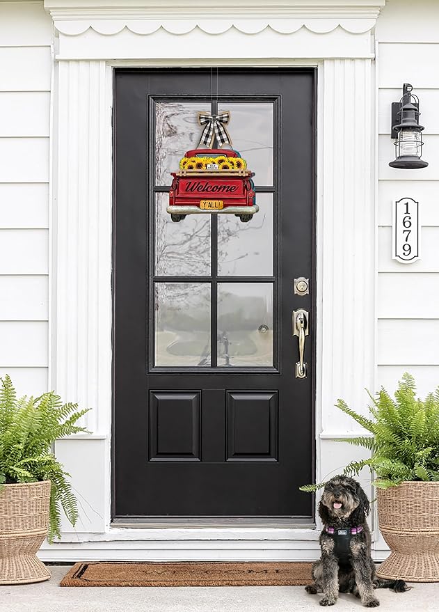Interchangeable Welcome Sign for Front Door Red Farmhouse Truck Decor Hanging Sign with 11 Interchangeable Seasonal and Holiday Decor Signs 12x14 in. (Country Rustic)-Ruum Studio Home