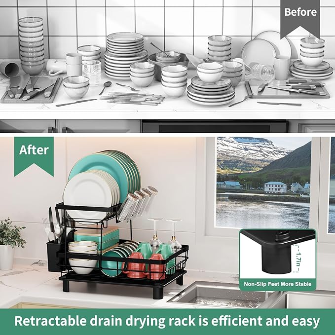 MOUKABAL Dish Drying Rack, 2 Tier Dish Rack, Large Dish Racks for Kitchen Counter, Dish Drainer with Removable Utensil Holder, Drainboard (Black)-Ruum Studio Home