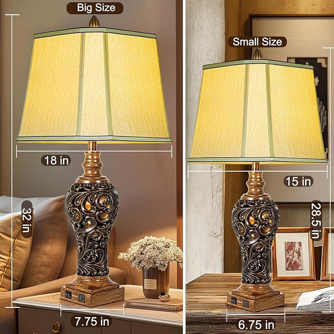 32'' Tall Rustic Vintage Table Lamps Set of 2 with Night Lights - Bedside Lamp with Faux Silk Shades for Bedroom and Living Room with 2 USB Charging Ports,Rustic Lamps for Living Room(Bulb Included)-Ruum Studio Home