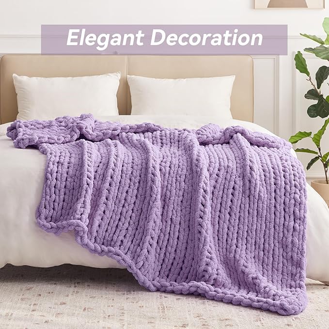 Chunky Knit Throw Blanket, 30''*40'' Knitted Throw Chenille Yarn for Bed Couch, Handmade Light Purple Crochet Big Thick Blanket, Machine Washable Cute Comfy Blanket for Home Decor-Ruum Studio Home