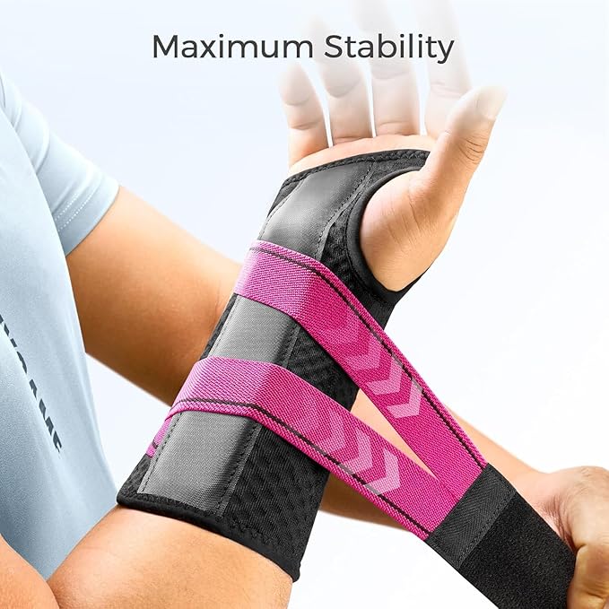 FREETOO Carpal Tunnel Wrist Brace Night Support Fit Right Hand for Work, Pain Relief Wrist Splint for Tendonitis, Sprain, Strain, Rigid Hand Brace for Arthritis for Women and Men (XS, Black/Pink)-Ruum Studio Home