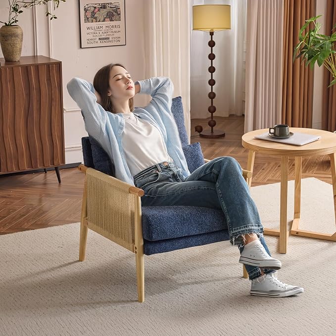 VINGLI Boho Braid Accent Armchairs Set of 2,Mid-Century Modern Chiars with Solid Wooden Armrest,Comfy Louge Cushion Chairs with Waist Pillow for Bedroom,Living Room,Reading Room, Blue-Ruum Studio Home