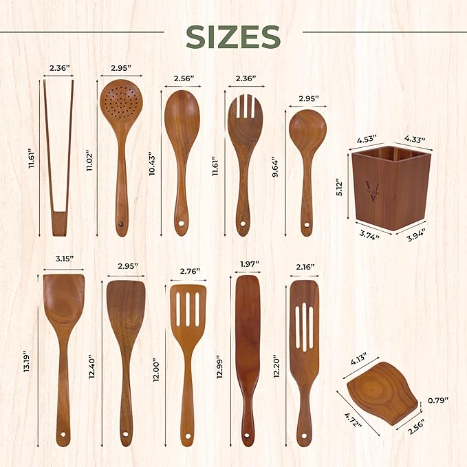 Vasilek Wooden Cooking Utensils Set – 12-Piece Acacia Wood Kitchen Utensil Set with Square Holder & Spoon Rest, Non Toxic Wooden Tools for Nonstick Cookware, Spatula, Ladle, Serving Spoon-Ruum Studio Home